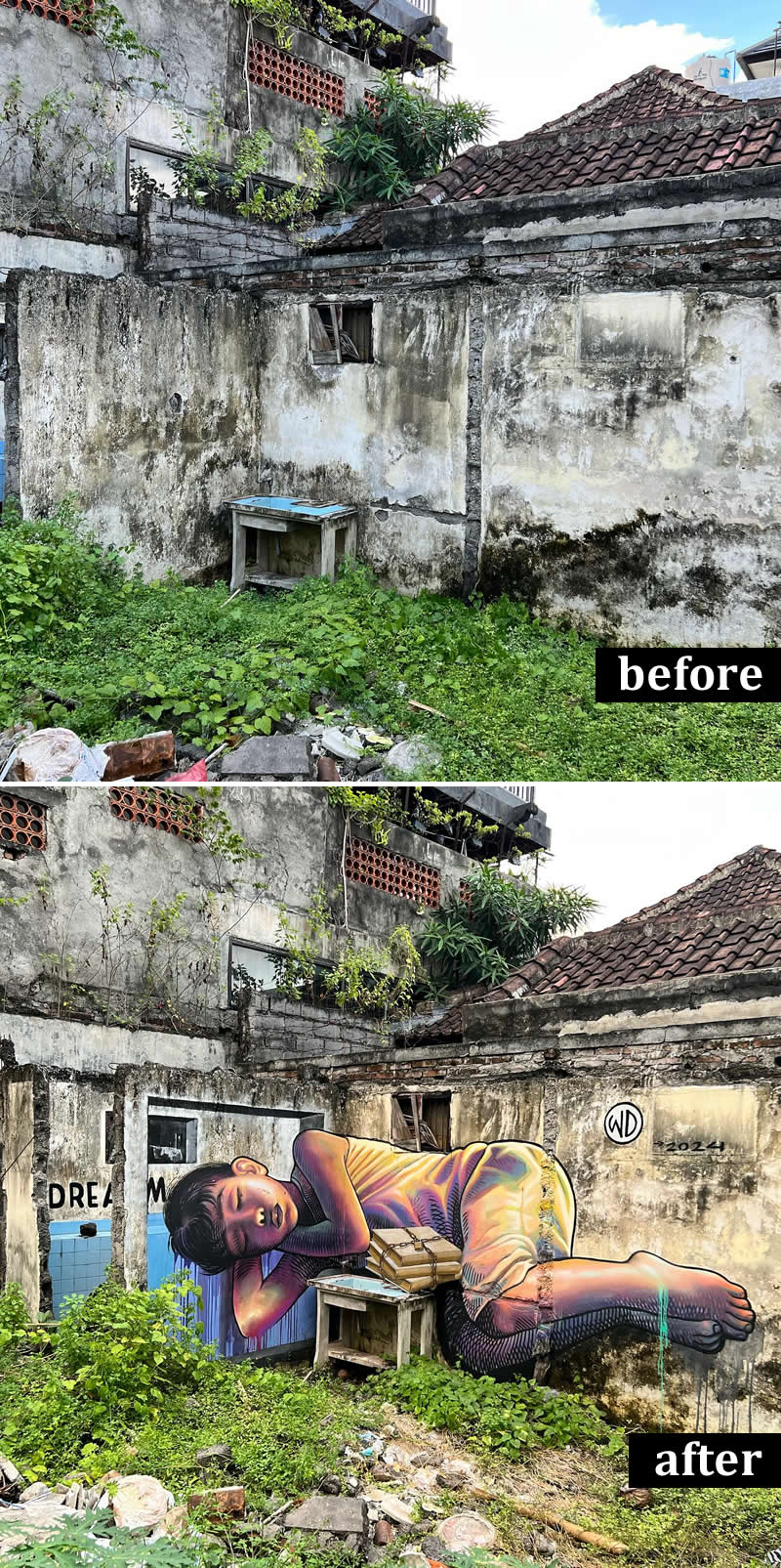 From Simple Walls to Spectacular Illusions: 36 Hyperrealistic Artworks That Defy Reality 73 Before-and-after image of a dilapidated wall in an overgrown lot transformed by a mural depicting a sleeping child resting on stacked books. The artwork integrates with the aged structure, creating a powerful contrast between urban decay and youthful imagination.