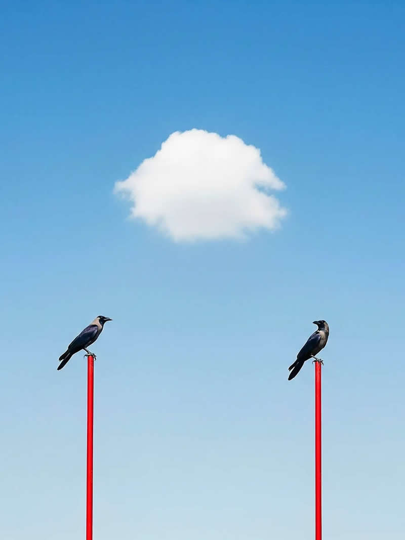 Color photograph of two crows perched on tall red poles against a bright blue sky. A single white cloud floats perfectly centered between them, creating a minimalist composition with strong symmetry, balance, and visual harmony.