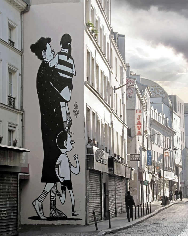 Silver Compass - Mural created in Belleville, Paris - Thought-Provoking Murals by Alex Senna
