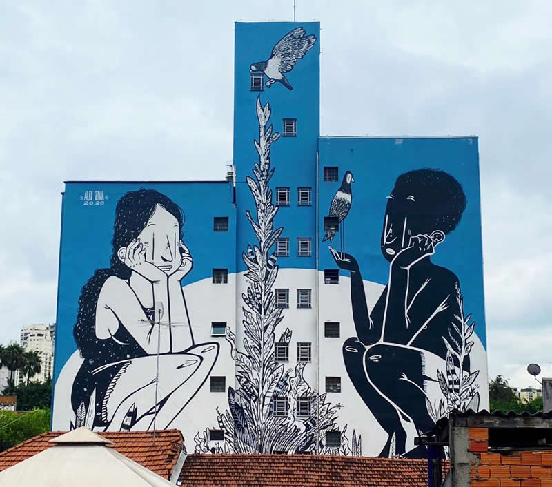 Mural Under the Blue, located in Bom Retiro - Thought-Provoking Murals by Alex Senna