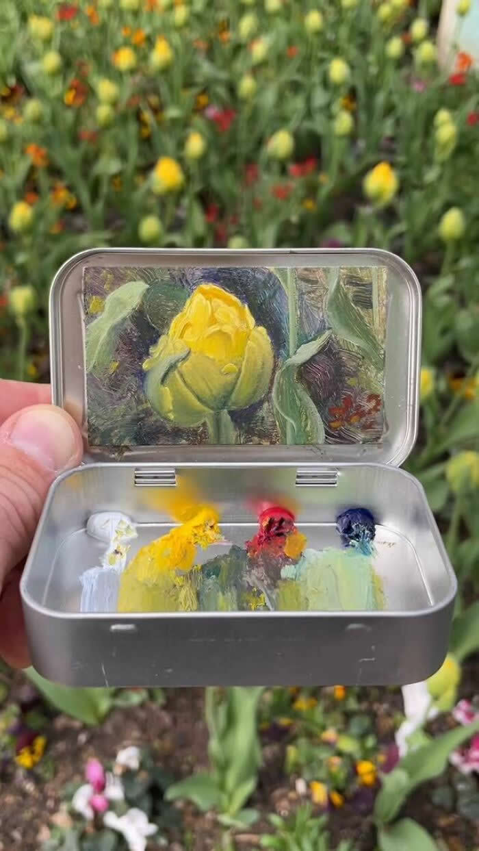 These 40 Tiny Altoid Tin Paintings by Remington Robinson Are Pure Pocket-Sized Magic 61 A hand holds an open Altoid tin in front of a flower bed, revealing a miniature painting by Remington Robinson of a yellow tulip in bloom, with a tiny paint palette of white, yellow, red, blue, and soft green in the bottom half.