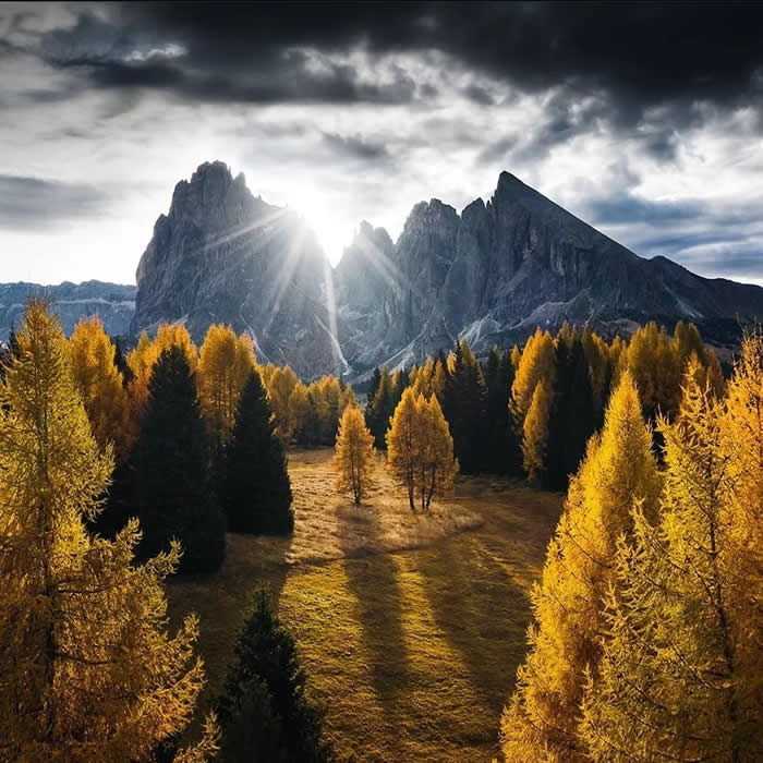 Beauty of the Earth: 33 Epic Landscape Views That Prove Nature Is the Greatest Artist 45 Golden autumn trees stand in a sunlit valley below dramatic dark mountain peaks, with sunlight breaking through the rocks under a moody cloudy sky.