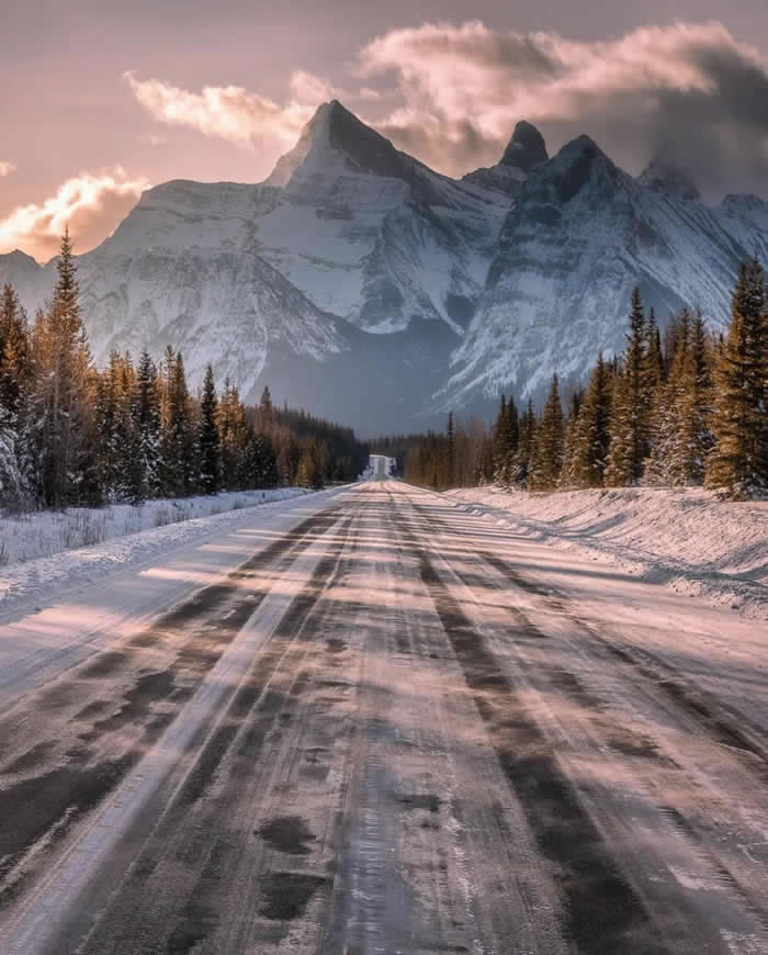 Beauty of the Earth: 33 Epic Landscape Views That Prove Nature Is the Greatest Artist 63 A snow-covered road stretches through a winter forest toward dramatic snow-capped mountain peaks under a soft pink sky, with tall evergreens lining both sides of the road.
