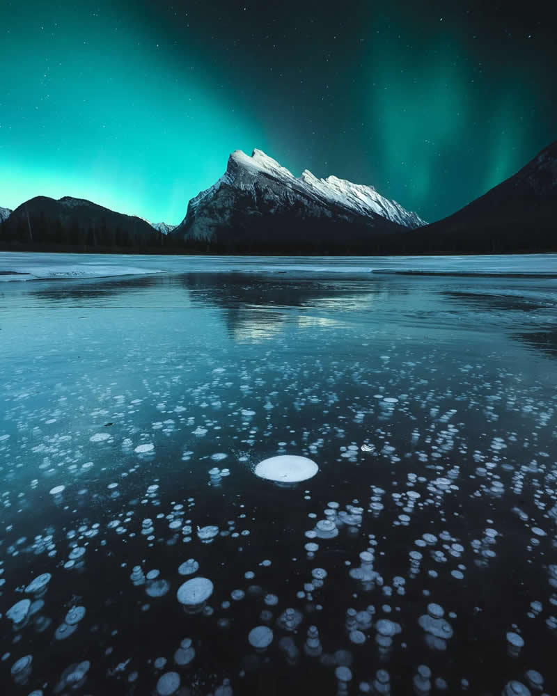 Green aurora borealis glows above a snow-covered mountain reflected on a frozen lake filled with trapped ice bubbles, creating a striking winter landscape in the Canadian Rockies.