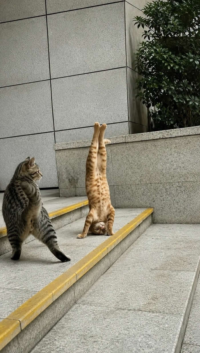 An orange tabby cat balancing upside down in a hilarious handstand pose on outdoor steps while another gray tabby cat watches with a confused expression, creating a funny and perfectly timed feline moment.
