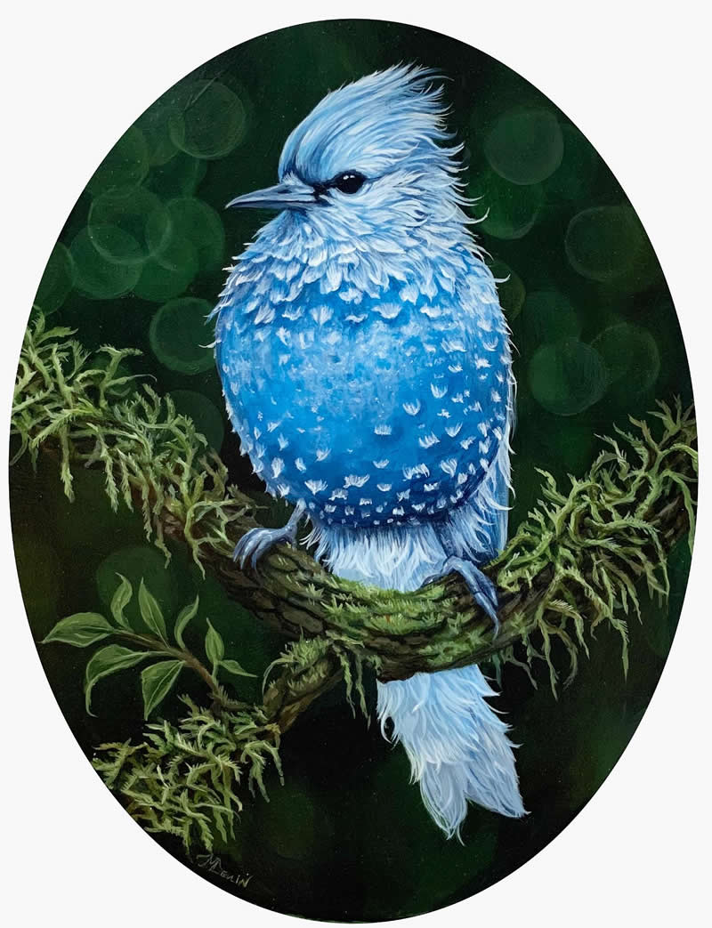 30 Mesmerizing Wildlife Paintings by Molly Devlin Filled With Flowers, Feathers, and Fantasy 48 Amanita Blue Jay - Wildlife Paintings by Molly Devlin