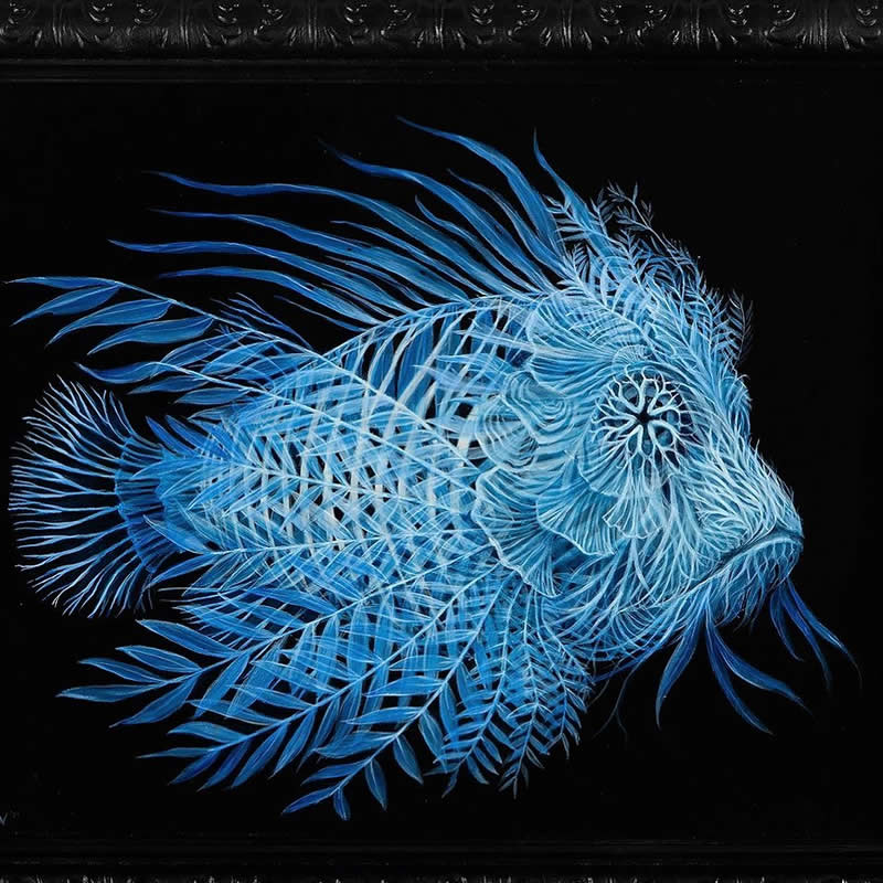30 Mesmerizing Wildlife Paintings by Molly Devlin Filled With Flowers, Feathers, and Fantasy 56 Leafy Lionfish - Wildlife Paintings by Molly Devlin