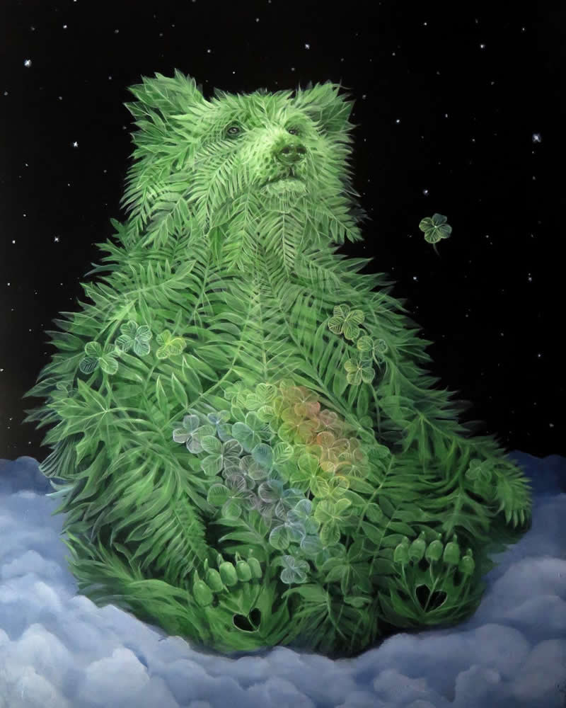 30 Mesmerizing Wildlife Paintings by Molly Devlin Filled With Flowers, Feathers, and Fantasy 59 Good Luck Grizzly - Wildlife Paintings by Molly Devlin