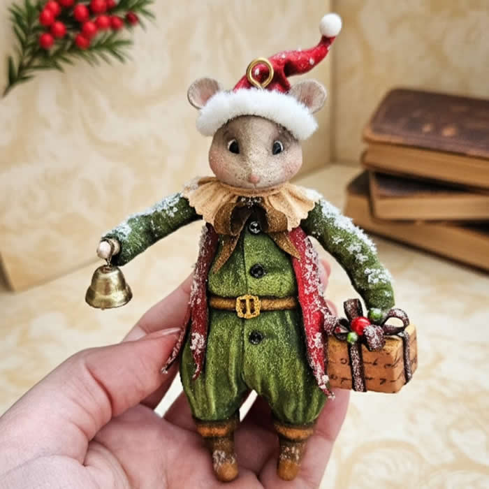 A handcrafted miniature mouse ornament made from cotton wool wears a festive green outfit, red cape, and Santa hat while holding a tiny bell and a wrapped gift, dusted with snowy details against a warm vintage holiday backdrop.