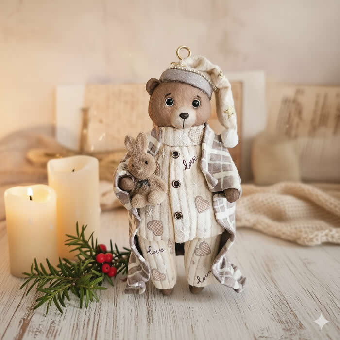 A handcrafted miniature bear ornament made from cotton wool wears cozy cream winter pajamas, a checkered robe, and a soft sleeping cap while holding a tiny bunny toy, surrounded by candles and festive greenery in a warm holiday setting.