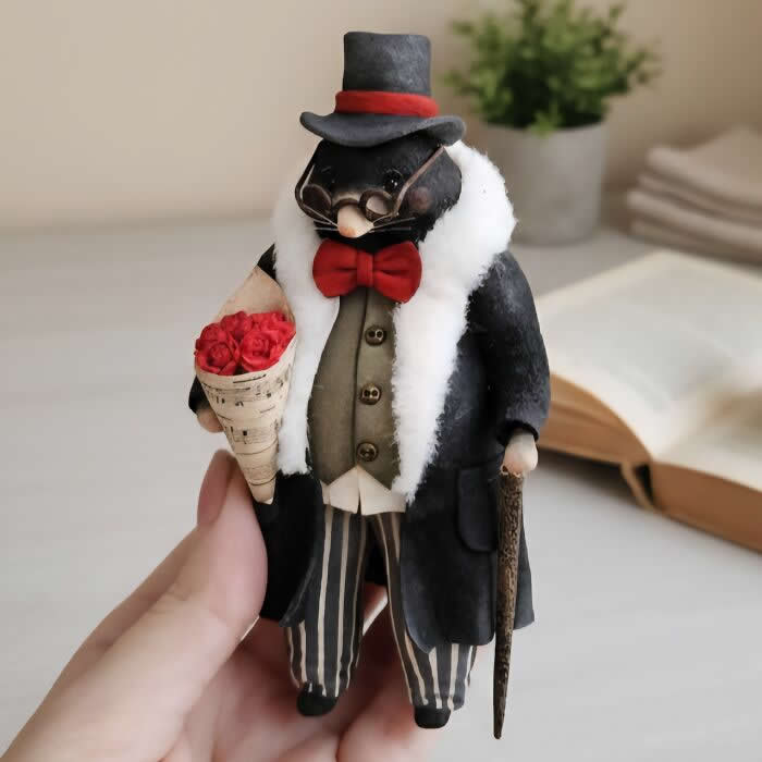 A handcrafted miniature mole ornament made from cotton wool wears a black coat with a white fur collar, striped trousers, red bow tie, and top hat while holding a bouquet of red roses and a cane in a softly lit vintage setting.