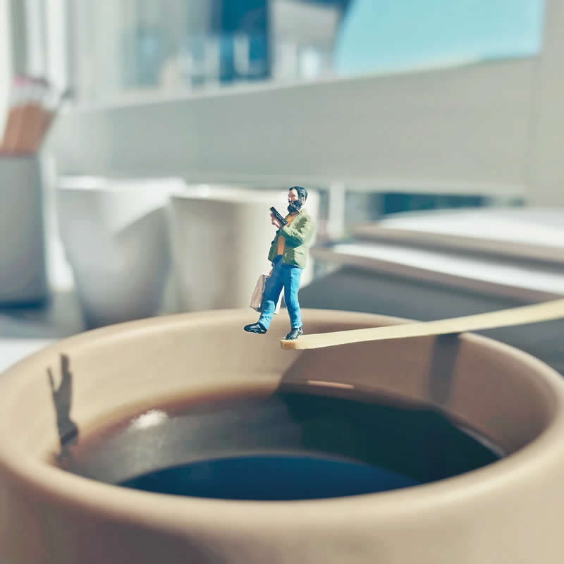 Tiny Adventures: 35 Miniature Scenes by Derrick Lin That Turn Everyday Objects Into Magical Stories 71 When I noticed, everyone is out walking with their faces buried in their phones - Miniature Photography by Derrick Lin