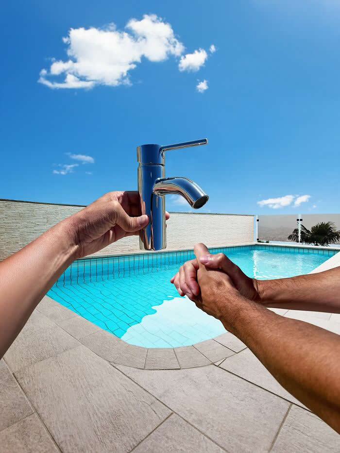 One hand holds a chrome faucet above a swimming pool while another pair of hands waits below, aligned so the pool appears to be pouring water from the faucet into cupped hands in a playful forced perspective illusion.