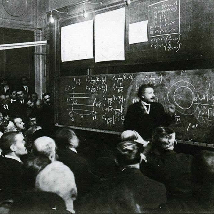 Actual photo of Albert Einstein lecturing on the Theory of Relativity, 1922. Guy in front is getting headache