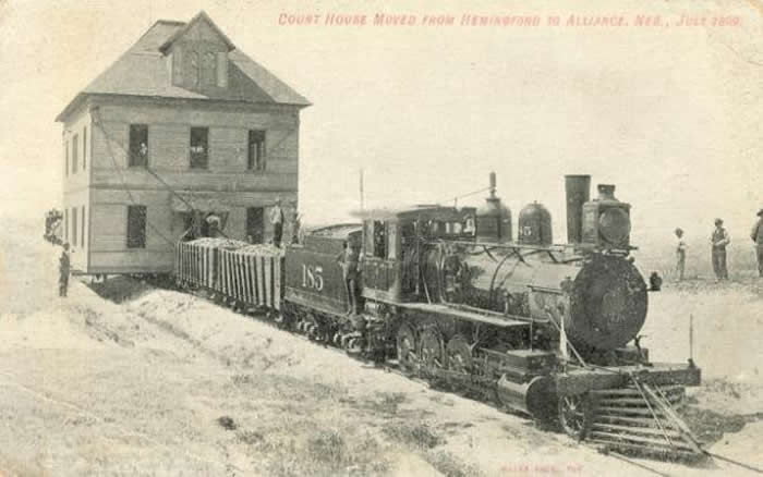 City hall moved by train 20 miles from Hemingford to Alliance Nebraska in 1899