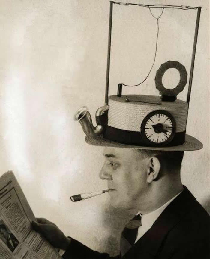 A man ahead of his time. Portable radio in a straw hat, made by an American inventor in 1931
