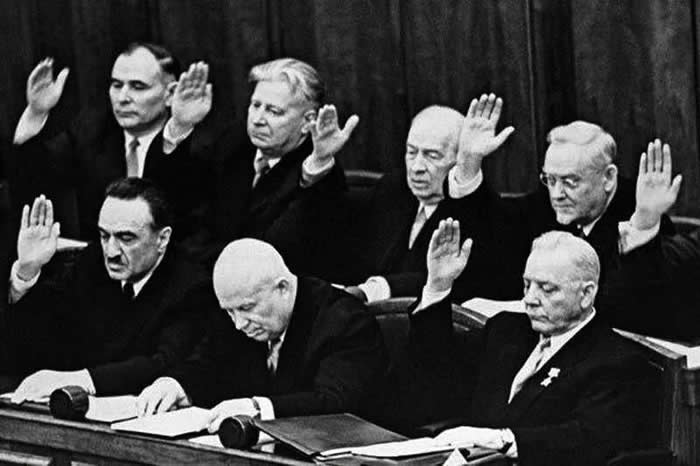 Nikita Khrushchev surrounded by people voting for his resignation, USSR, October 14, 1964