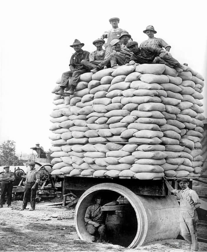 Inventor of the precast pipe trust the engineering of his invention to not be crushed by over 21 tons, Canada 1920