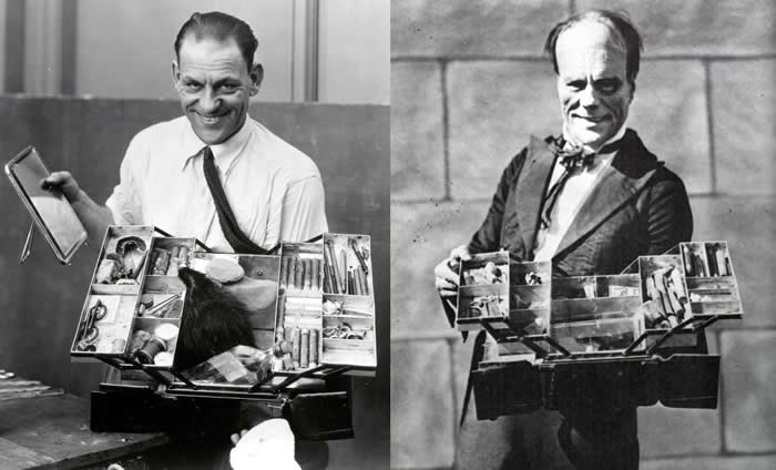 Lon Chaney with his personal makeup kit, before and after transforming himself into The Phantom of the Opera (1925)