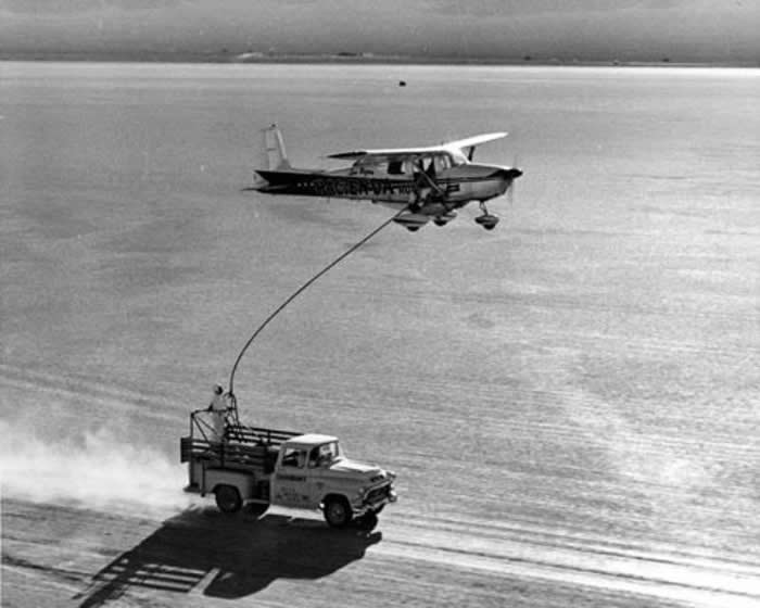 The world's longest manned flight was 64 days, 22 hours and 19 minutes in this Cessna 172. During this period it was refueled over 128 times by the pictured truck. The pilots: Robert Timm and John Cook from La Vegas. (1958)