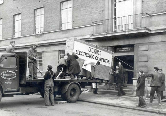 Norwich City (UK) first computer delivered to the Treasury Department for payroll. 1957.