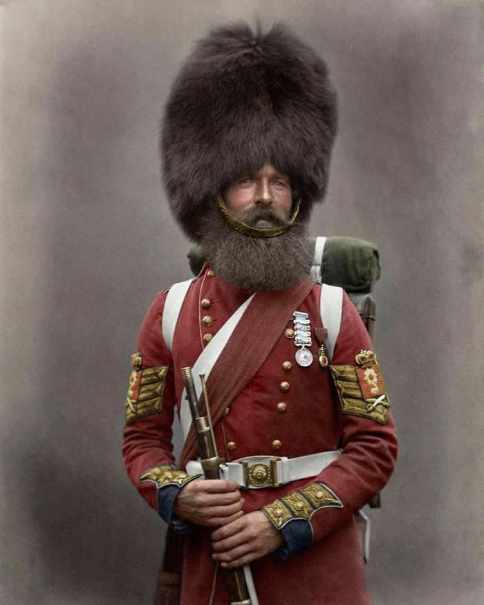 Sergeant William McGregor of the Scot&rsquo;s Guards wearing his Crimean whiskers and medal. 1856. (Colorized)