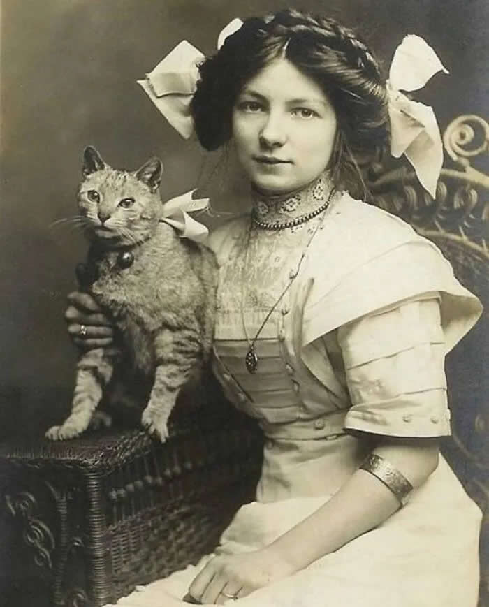 A young girl and her cat, 1910 - Animals Stole the Spotlight Historic Photos