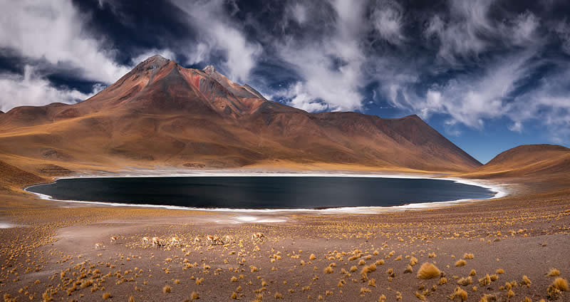A dark volcanic lake sits in the Atacama Desert, surrounded by golden grass-covered terrain and towering reddish mountains beneath dramatic swirling clouds and a deep blue sky.