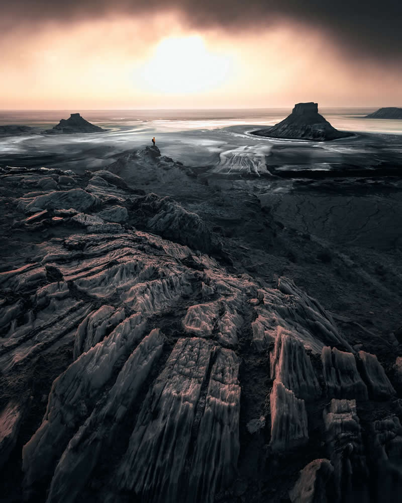 Endless desert, sharp rock textures Mangystau in western Kazakhstan