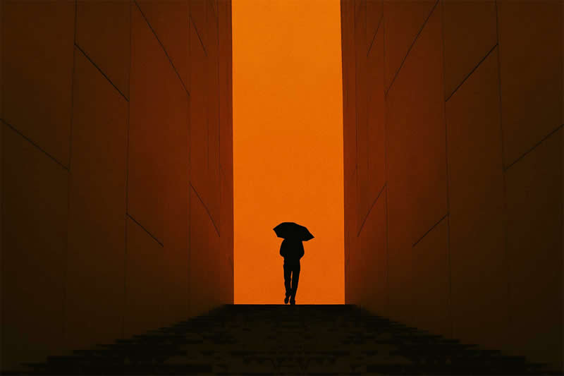 Cinematic photograph of a silhouetted person carrying an umbrella, walking through a dark symmetrical passage toward a vivid orange opening.