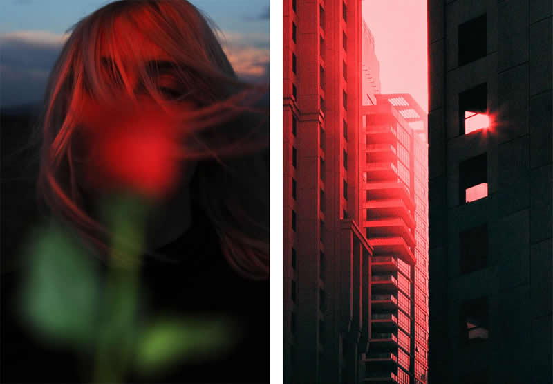 Creative diptych showing a blurred woman illuminated by red light beside a narrow city street framed by tall buildings glowing red in the distance.