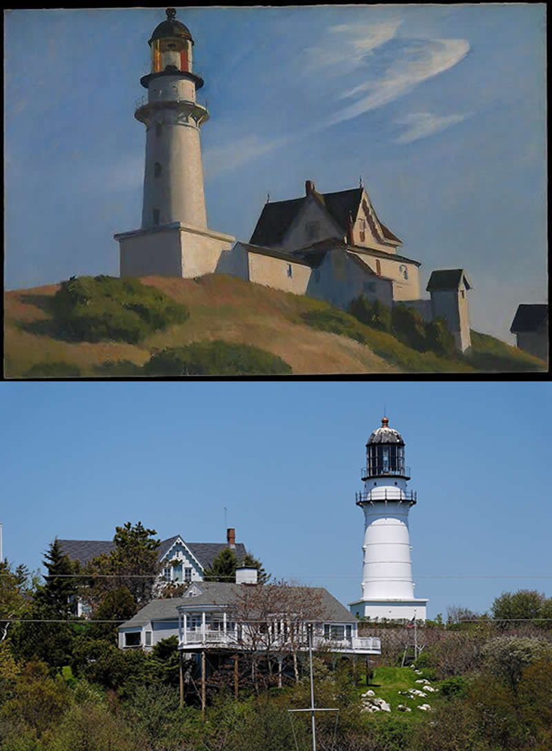 Lighthouse at Two Lights (1929) by Edward Hopper. Cape Elizabeth lighthouse, Maine USA. - Famous Paintings and Their Real-Life Locations