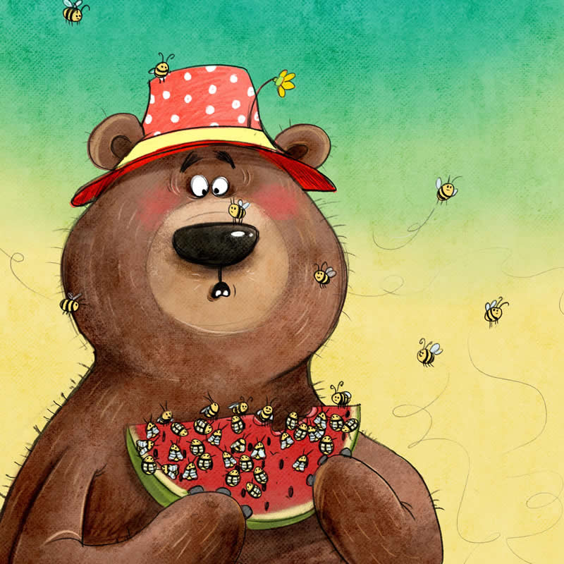 Funny illustration of a brown bear wearing a red polka-dot hat and holding watermelon while surrounded by numerous buzzing bees.