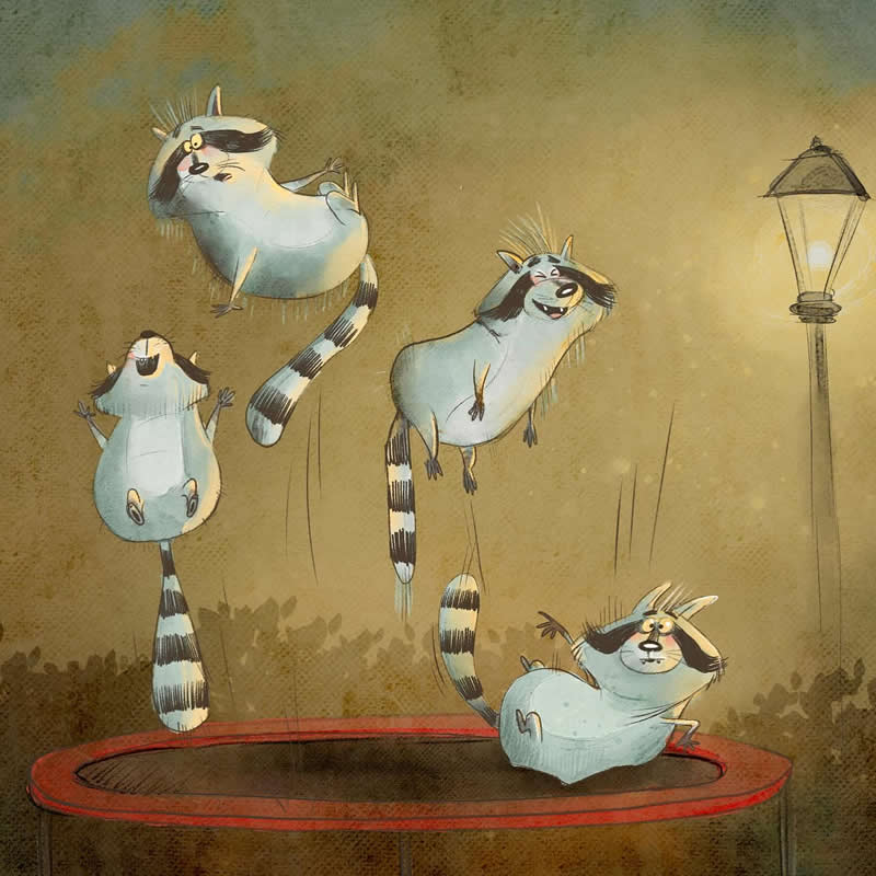Funny illustration of four raccoons jumping and tumbling on a trampoline at night, with one raccoon landing awkwardly while a streetlamp glows nearby.