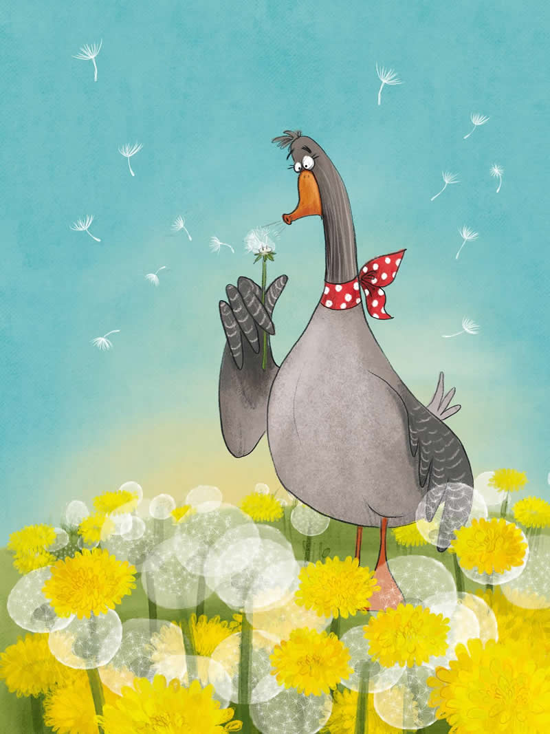 Funny illustration of a gray goose wearing a red polka-dot scarf, holding a dandelion seedhead like a microphone in a field of yellow flowers.