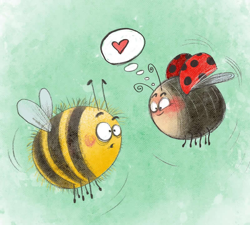 Funny illustration of a lovestruck bee gazing at a blushing ladybug wearing red wings, with a heart-shaped thought bubble above them.