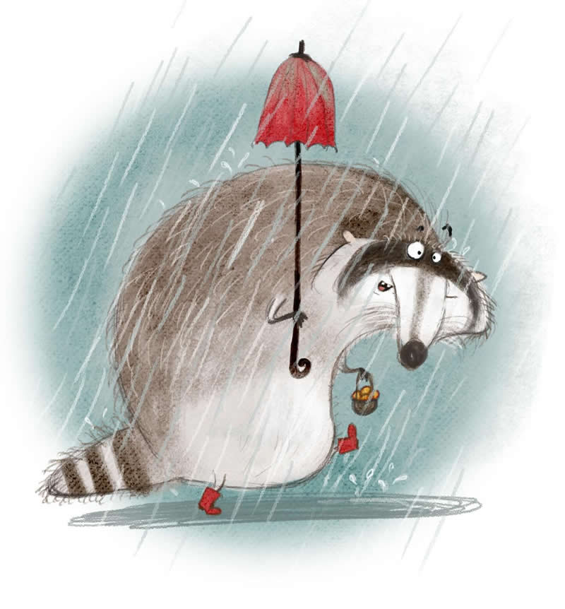 Funny illustration of a grumpy raccoon walking through heavy rain with a tiny red umbrella, wearing red boots and carrying a small snack.