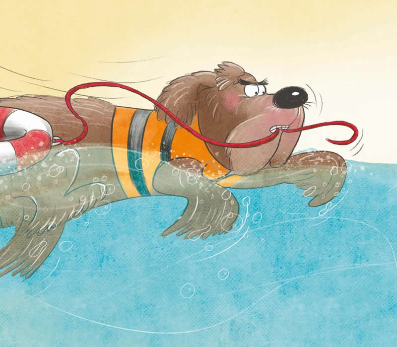 Funny illustration of a brown dog wearing an orange life jacket swimming through blue water while holding a red leash in its mouth.