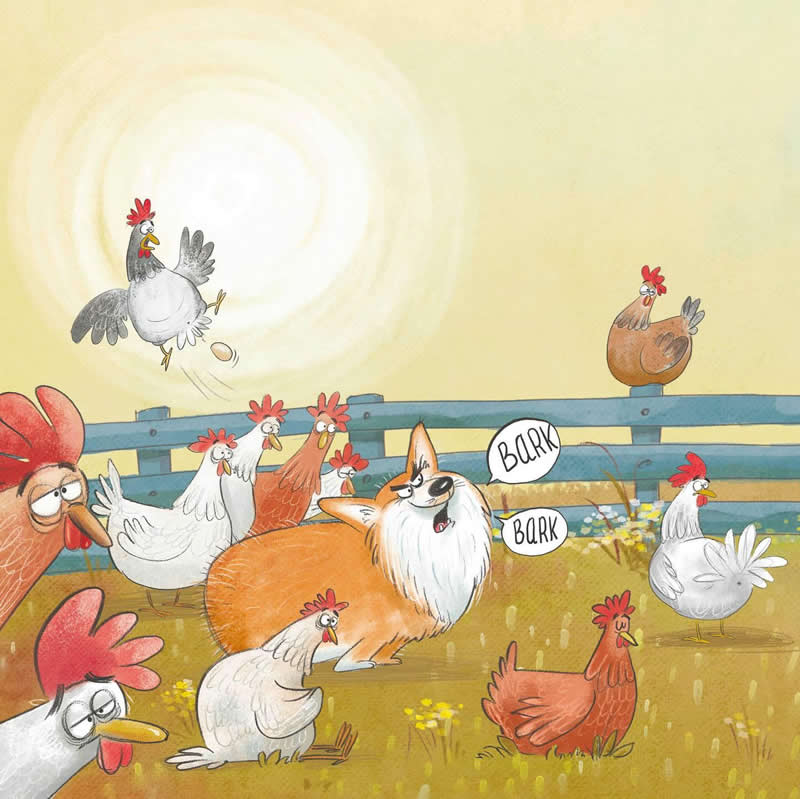 Funny illustration of a fluffy orange-and-white dog barking at a group of startled chickens in a farmyard, with one chicken jumping into the air.