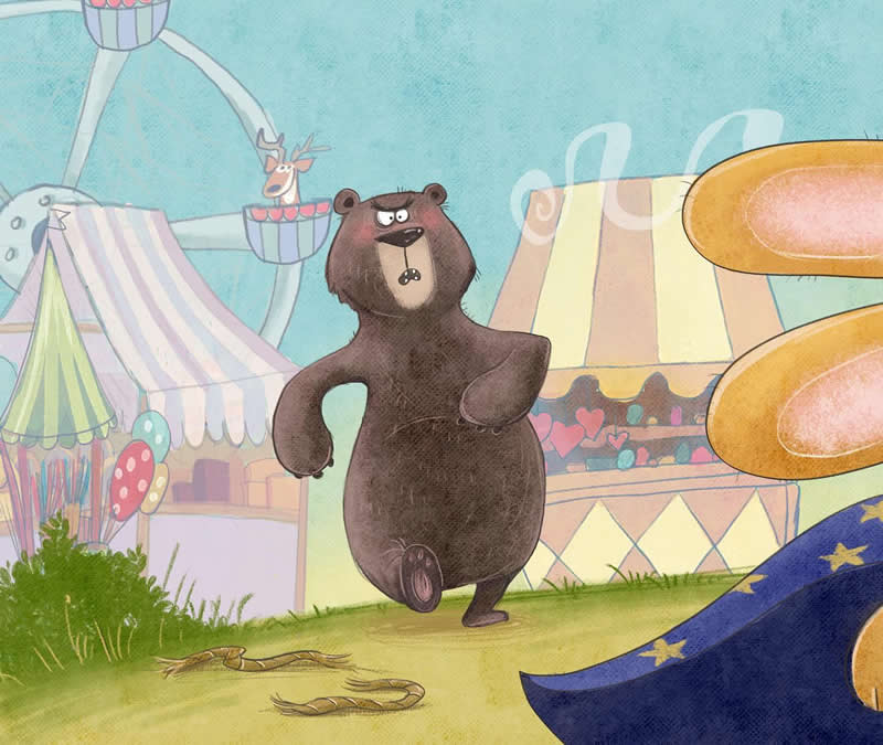 Funny illustration of a grumpy brown bear walking through a colorful fairground, surrounded by carnival rides, giant snacks, and other animals.