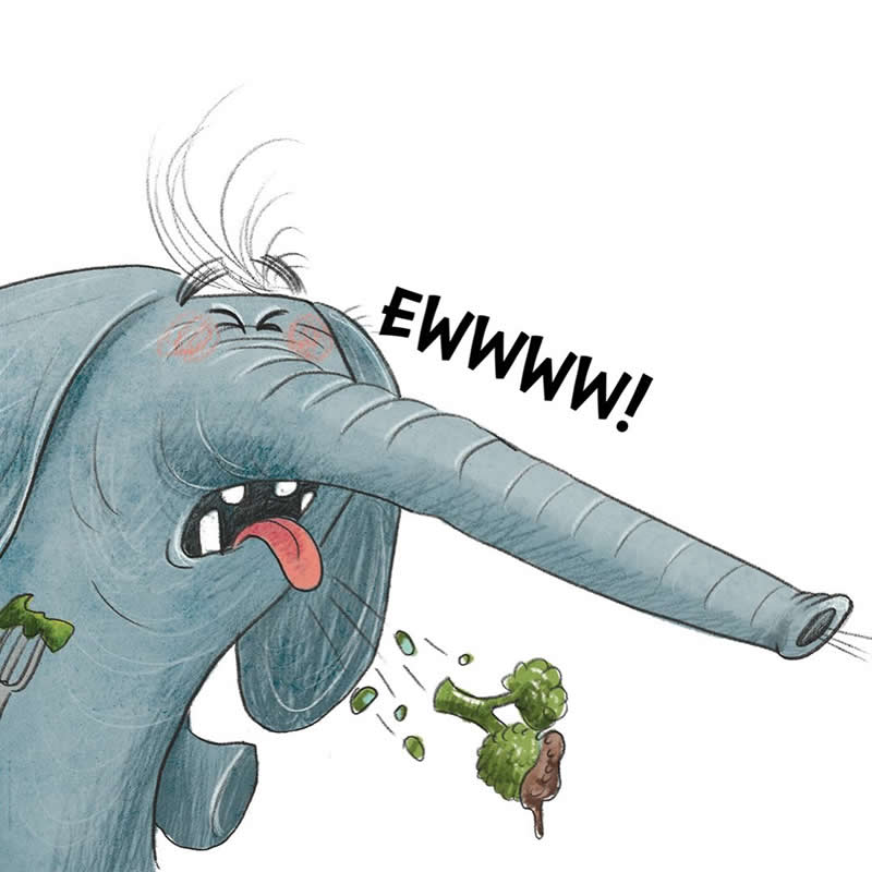 Funny illustration of a blue-gray elephant recoiling from broccoli, with its trunk stretched forward and the word &ldquo;EWWW!&rdquo; showing its disgust.