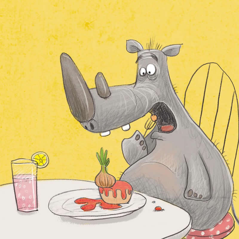 Funny illustration of a gray rhino sitting at a table, eating a small dessert with a fork while wearing red polka-dot pants.