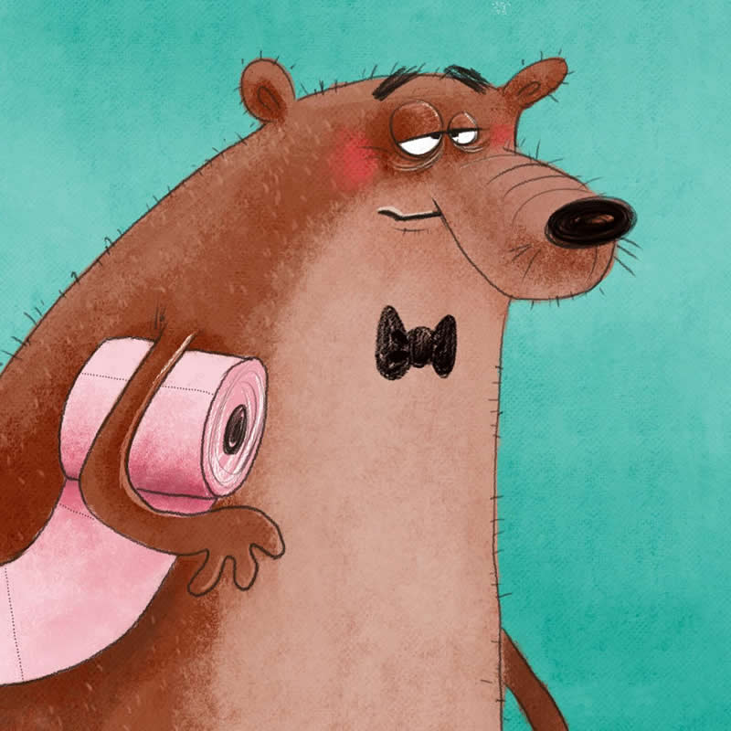 Funny illustration of a grumpy brown bear wearing a black bow tie and carrying a roll of pink toilet paper under its arm.