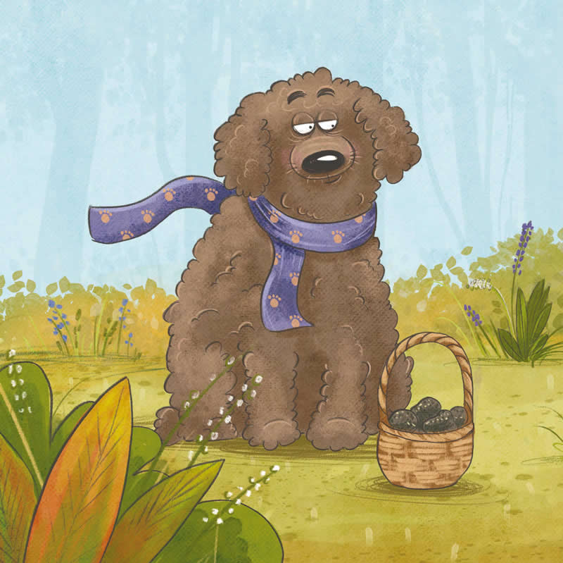 Funny illustration of a fluffy brown bear wearing a purple scarf, sitting beside a basket filled with berries in a woodland meadow.