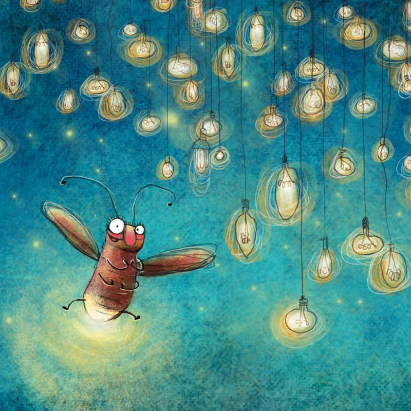 Whimsical illustration of a smiling firefly flying among numerous glowing light bulbs hanging against a deep blue night background.