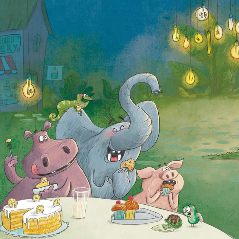 Funny illustration of a group of colorful animals enjoying cake, cupcakes, and snacks around a table at night beneath glowing hanging lights.