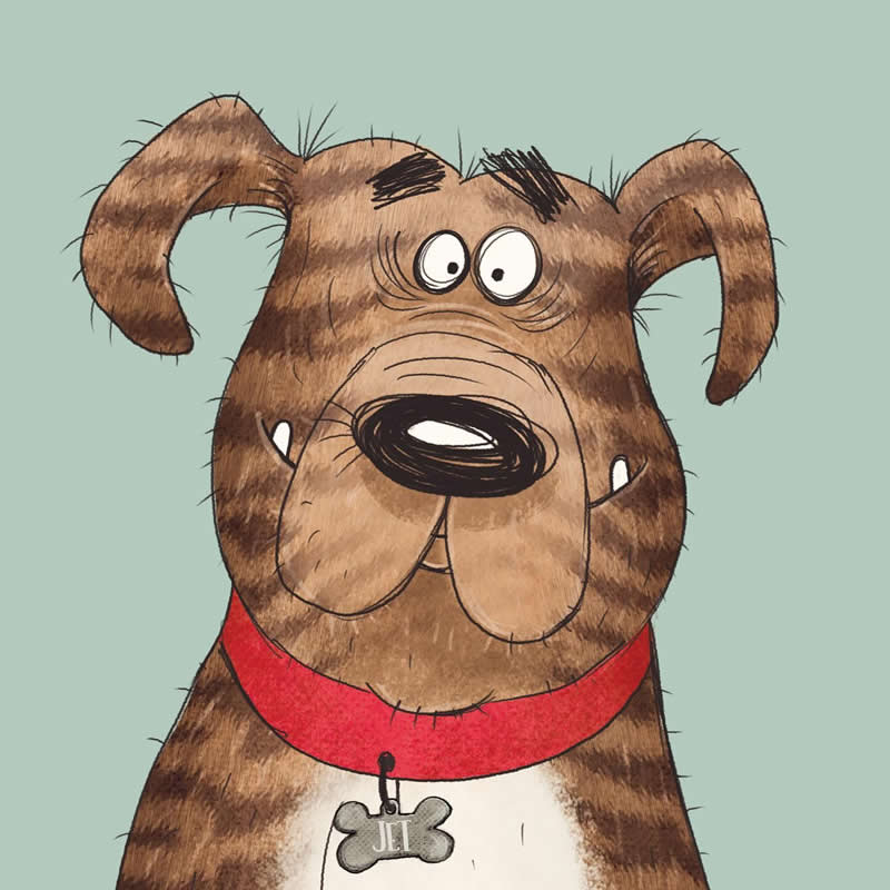 Funny illustration of a wide-eyed brown dog with floppy ears, a red collar, and a bone-shaped name tag, holding its paws against its cheeks.