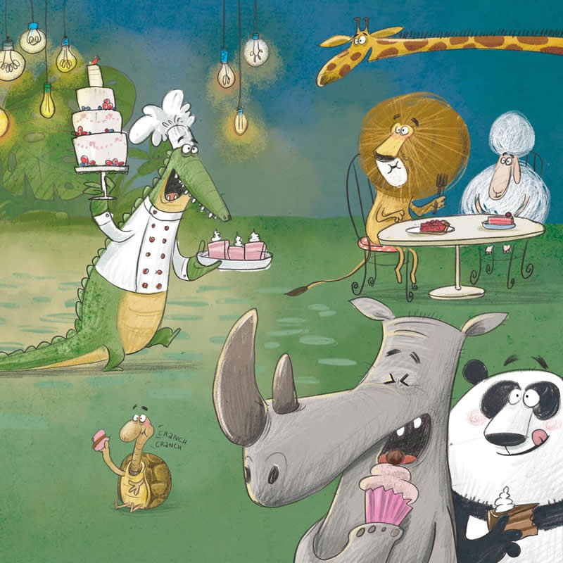 Funny illustration of animal friends enjoying desserts at a whimsical restaurant, with a crocodile chef serving cake and cupcakes while a giraffe, lion, rhino, sheep, panda, and turtle look on.