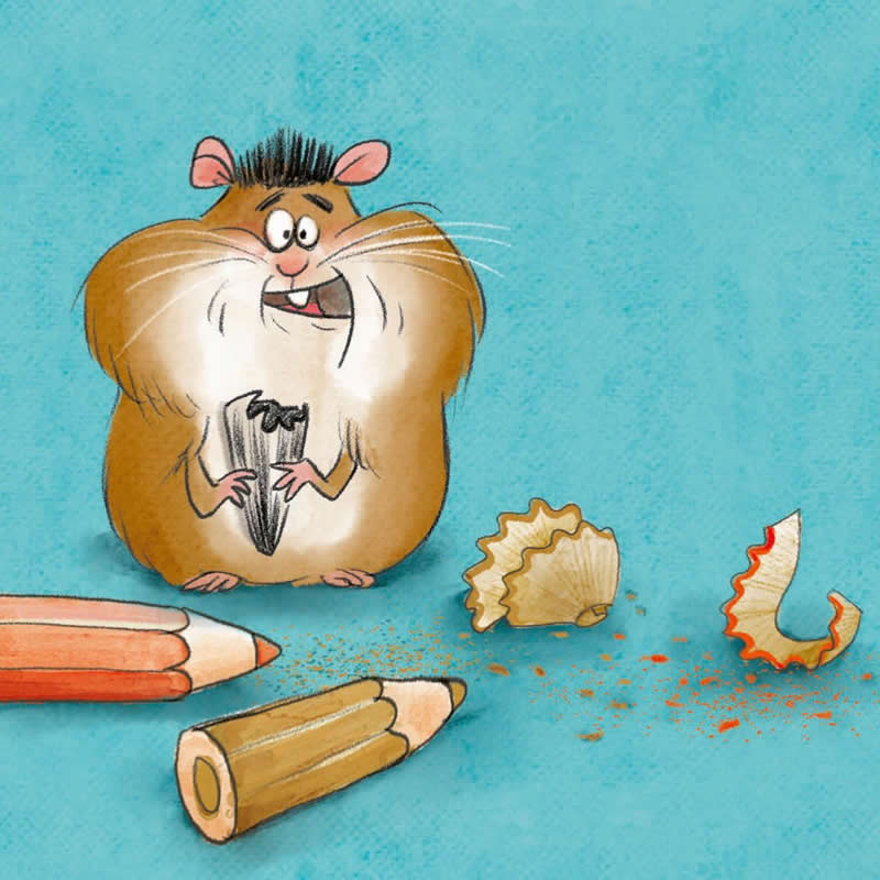Funny illustration of a smiling hamster holding a pencil, surrounded by several pencils, pencil shavings, and scattered wood pieces on a blue background.