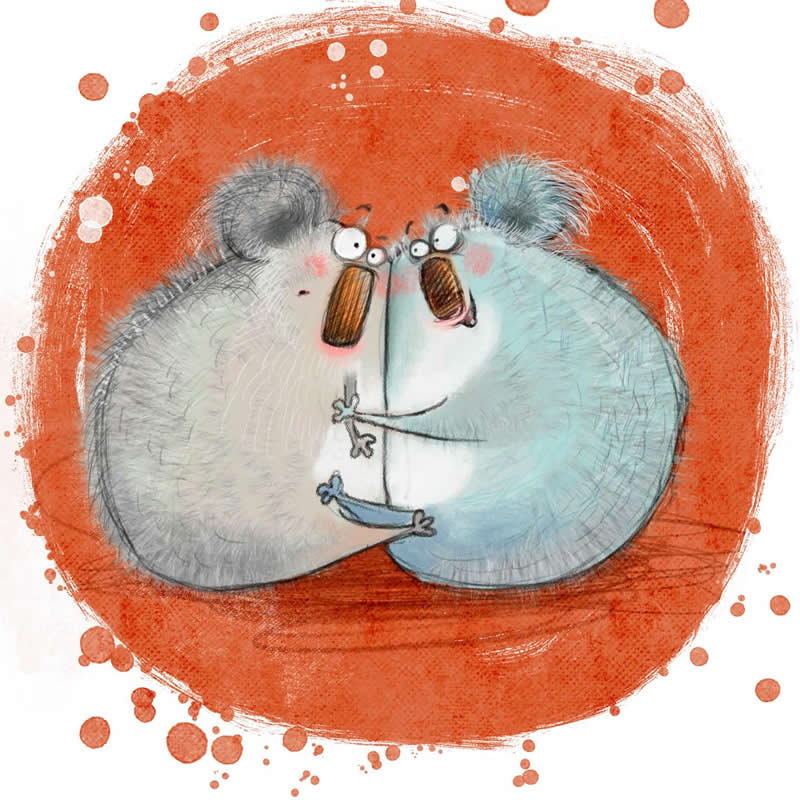 Funny illustration of two cuddly mice embracing nose-to-nose while holding small brown snacks, surrounded by a playful orange painted background.